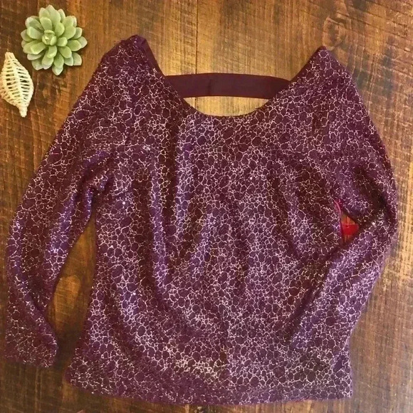 Jennifer Lopez | Berry Colored Sparkle Blouse with Open V Back - Picture 2 of 7